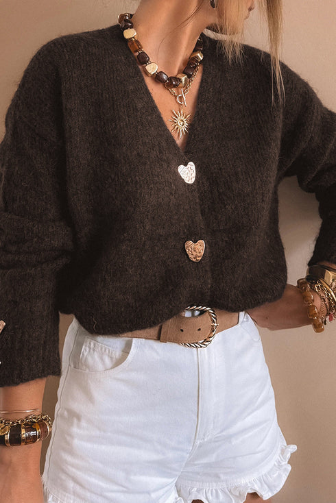 Heart Button V Neck Rib Trim Knit Cardigan
